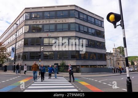 County Hall, the headquarters of Oxfordshire County Council, Oxford, UK, built in 1973 on the corner of New Road and Castle Street Stock Photo