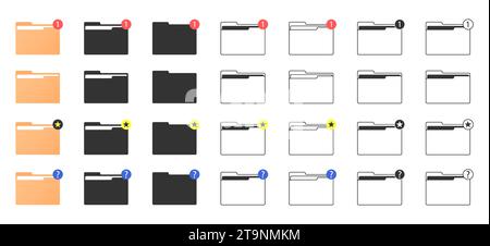 Computer folders in flat style. A large set of various folders in different designs. New message. Priority sign. A question mark Stock Vector