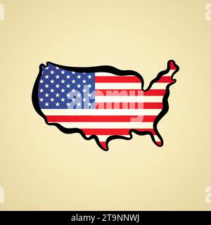 Map of United States with flag and black outline. Stock Vector