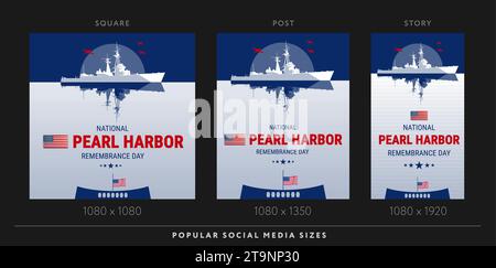 Pearl Harbor Remembrance Day backgrounds template for social media - vector illustration of Attack on Pearl Harbor and Pearl Harbor Day lettering in s Stock Vector