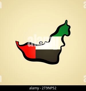 Stylized outline map of United Arab Emirates with national flag icon ...