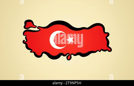 Map of Turkey with flag and black outline. Stock Vector