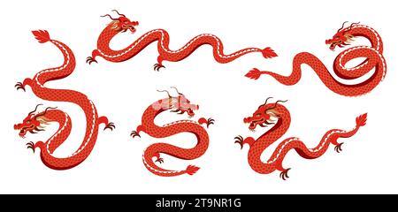 Red Dragon illustrations collection. Chinese new year 2024 year of the dragon - red traditional Chinese designs with dragons. Lunar new year concept Stock Vector