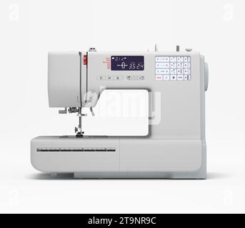Concept atelier, fashion studio, fashion designer, tailor white sewing machine front view 3d render on white Stock Photo