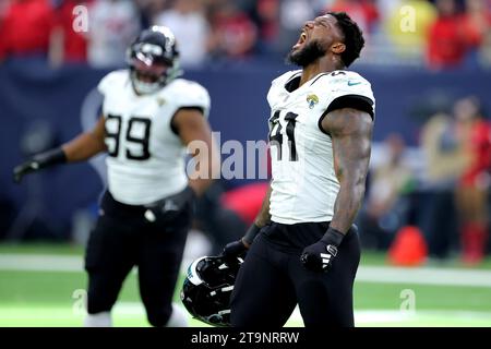 Houston, Texas, USA. 26th Nov, 2023. Jacksonville Jaguars linebacker Josh Allen (41) reacts after a missed field goal by Houston Texans kicker Matt Ammendola (16, not shown) during the fourth quarter between the Houston Texans and the Jacksonville Jaguars at NRG Stadium in Houston, TX on November 26, 2023. (Credit Image: © Erik Williams/ZUMA Press Wire) EDITORIAL USAGE ONLY! Not for Commercial USAGE! Stock Photo