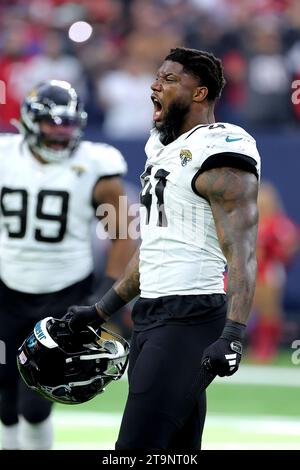 Houston, Texas, USA. 26th Nov, 2023. Jacksonville Jaguars linebacker Josh Allen (41) reacts after a missed field goal by Houston Texans kicker Matt Ammendola (16, not shown) during the fourth quarter between the Houston Texans and the Jacksonville Jaguars at NRG Stadium in Houston, TX on November 26, 2023. (Credit Image: © Erik Williams/ZUMA Press Wire) EDITORIAL USAGE ONLY! Not for Commercial USAGE! Stock Photo