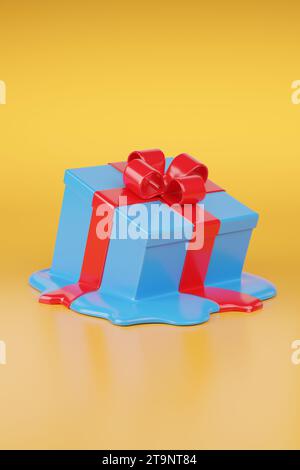 Melted gift box with bow isolated on yellow background. 3d illustration. Stock Photo