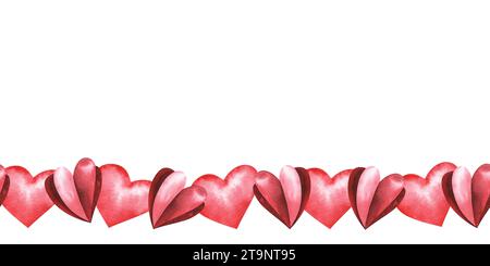 Seamless watercolor header with pink and red hearts on white background. Valentine's day border. Hand-drawn wedding illustration. Romantic background. Stock Photo