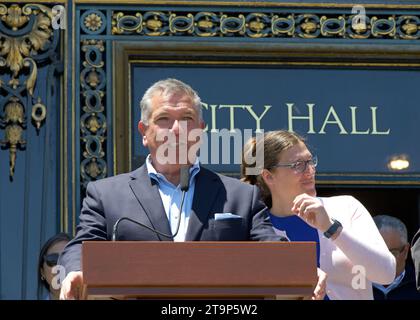 San Francisco, CA - June 29, 2023:  Supervisor Matt Dorsey, speaking at a press conference on the steps of City Hall prior to the Planning Commission Stock Photo