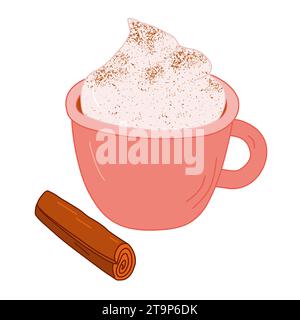 Coffee with cinnamon and whipped cream in cozy ceramic cup, autumn and winter hot drinks, vector illustration Stock Vector