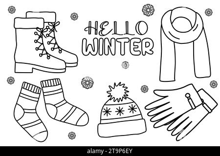 Set of lace up boots, scarf, socks, hat and gloves, warm winter accessory, doodle style flat vector outline illustration for kids coloring book Stock Vector