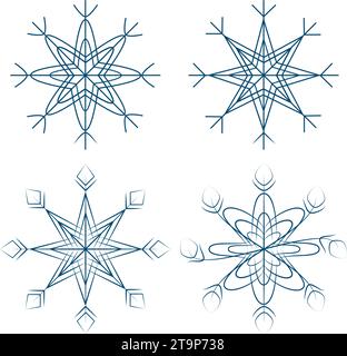 Set of patterned snowflakes in trendy dark blue. Design element for Christmas or New Year greeting. Isolate. EPS. Vector for pointer, sticker, icon or web, poster, card, label and other different uses Stock Vector