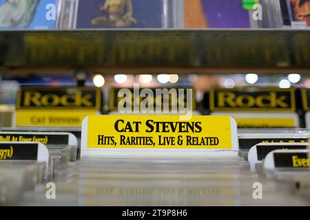 Cat Stevens hits, rarities and live music label in the Amoeba Music store used CD section for the rock music genre; San Francisco, California. Stock Photo