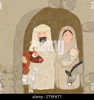 Hand painted watercolor manger, holy family, animals  Stock Photo