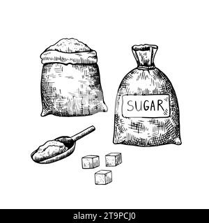 Sacks with flour or sugar, cubes of sugar lump and scoop. Hand drawn black and white illustration in engraving style. Vector design elements isolated Stock Vector