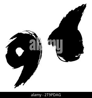 Commas, quotes or numbers 96 brush stroke black vector icon. One-stroke ...