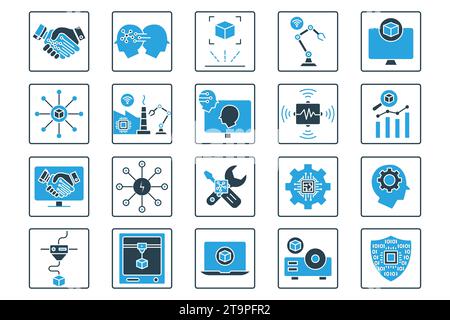 industry icon set. industry 5.0, 3d printing, artificial intelligence, augmented reality, advanced sensor, intelligent robot ,etc. solid icon style de Stock Vector