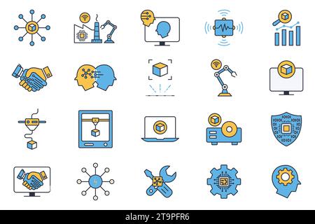 industry icon set. industry 5.0, 3d printing, artificial intelligence, augmented reality, advanced sensor, intelligent robot ,etc. flat line icon styl Stock Vector