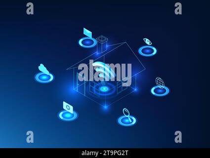 Internet of Things technology The Wi-Fi symbol is in the house. Refers to the network connection of electronic devices to the cloud system and the int Stock Vector