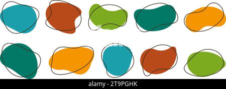 Abstract organic shapes collection. Irregular liquid forms set. Nice amoeba blobs, blotches, drops or stains bundle. Different design templates for label, sticker, banner, presentation, flyer. Vector Stock Vector