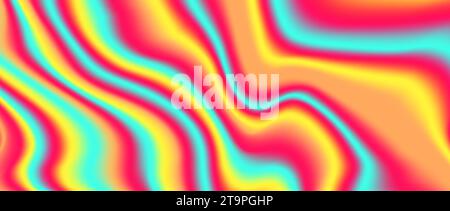 Psychedelic iridescent background. Bright neon holographic wallpaper. Blue pink orange yellow wave fluid gradient texture. Vector abstract acid trippy backdrop for banner, poster, cover, print, flyer Stock Vector