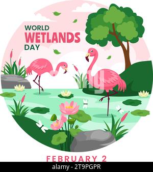 World Wetlands Day Vector Illustration on 2 February with Stork Animals and Garden Background in Holiday Celebration Flat Cartoon Design Stock Vector
