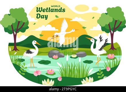 World Wetlands Day Vector Illustration on 2 February with Stork Animals and Garden Background in Holiday Celebration Flat Cartoon Design Stock Vector