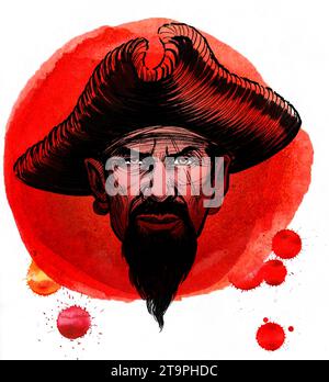 Bloody pirate captain. Hand-drawn ink and watercolor sketch Stock Photo