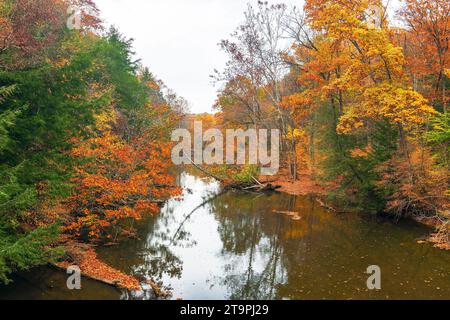 Colorful view of the Clear Fork Branch of the Mohican River upstream from the Mohican bridge. Mohican State Park. Perrysville. Ohio. USA Stock Photo