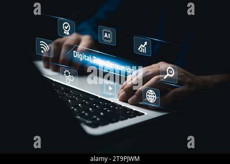 technology strategy for digital transformation involves the digitization of business processes and data. optimize customer service management. IoT and Stock Photo