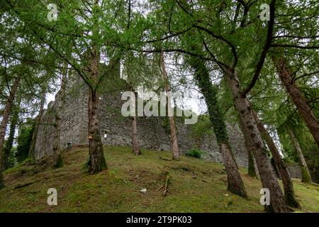 The ruins of medieval Vezio Castle stand on a mountainside in Perledo, Lombardy, Italy. Stock Photo