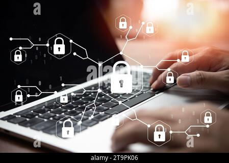 Cyber Security system Protects Data Information Safe Storage Networks. businessman using laptop Internet Secure Data Management privacy. Stock Photo