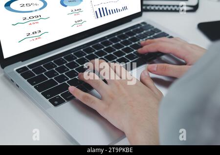 Businesswoman using keyboard laptop data dashboard marketing analysis report information investment display business sales and profit. Stock Photo