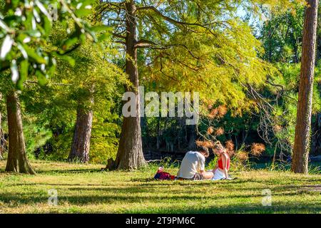 NEW ORLEANS, LA, USA - NOVEMBER 3, 2023: Young couple sitting on the ground amidst cypress trees at the edge of the lake at Audubon Park Stock Photo