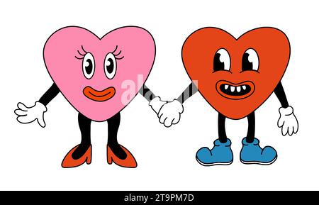Retro 70s 60s 80s Hippie Groovy Valentine day lovely Hearts Characters. Girl and boy in love. Hold hand. Mascots in Funky trendy cartoon style. Vector Stock Vector