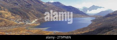 birds eye view of beautiful elephant lake and surrounding mountains, located near nathang valley close to india china border in east sikkim, india Stock Photo