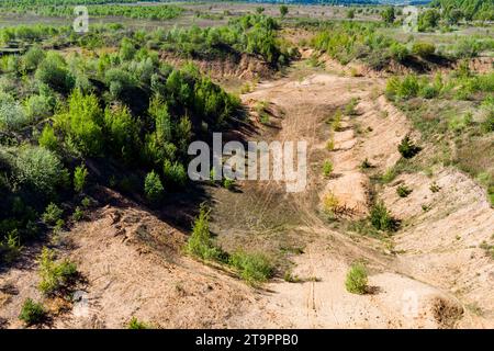 Overgrown exploratory sand pit in a field, soil removed to layers of sand Stock Photo