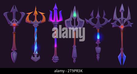 Magic trident staffs set isolated on black background. Vector cartoon illustration of wooden stick with iron weapon tip decorated with neon blue, green, pink gemstones, wizard tool, ancient instrument Stock Vector