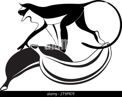 Monkey and two bananas.  Cute monkey and two bananas. Black and white illustration Stock Vector