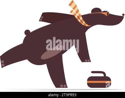 Funny bear plays curling. Winter sport. Cartoon bear aiming a stone to a target Stock Vector