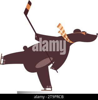 Cartoon bear an ice hockey player illustration.  Cartoon bear plays ice hockey. Isolated on white background Stock Vector