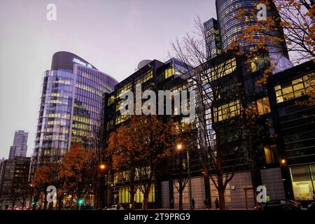 Evening view on the modern glass architecture skyscrapers in Brussels North Center , with curved Allianz head-office in he background Stock Photo