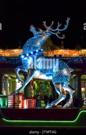 London, United Kingdom - December 29, 2014: View of silver reindeer decoration at Covent Garden. Stock Photo