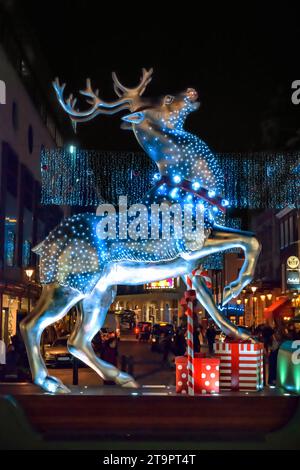London, United Kingdom - December 29, 2014: View of silver reindeer decoration at Covent Garden. Stock Photo