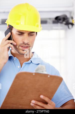 Technician, stress and phone call for security camera, checklist and CCTV installation or problem solving. Confused engineer or man, reading clipboard Stock Photo