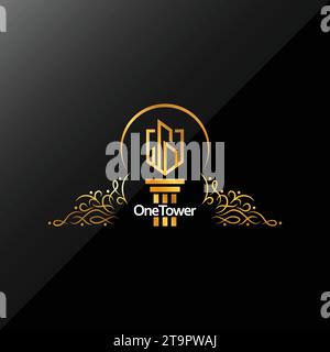 Gold Tower Real Estate Logo Template. Luxury Elegant Template Design, Abstract Real Estate, Architect, Property, And Corporate Minimalist Icon Design Stock Vector