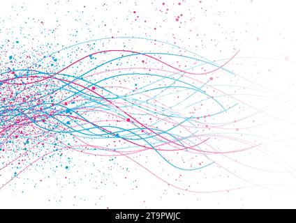 Blue pink wavy lines and dots abstract minimal tech background. Vector design Stock Vector