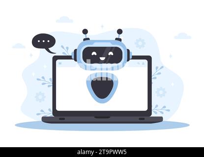 Robot chatbot on laptop screen. AI business assistant. Online customer support and FAQ. Artificial intelligence technology. Help desk platform. Vector Stock Vector