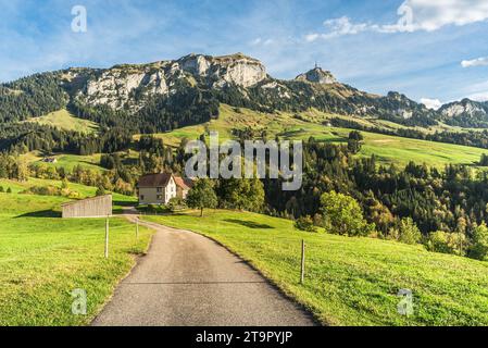 Hoher Kasten and Kamor in the Alpstein mountains, Bruelisau, Canton Appenzell Innerrhoden, Switzerland Stock Photo