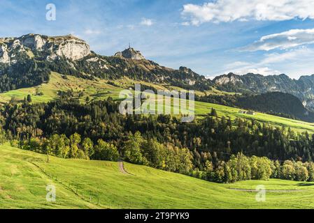 Hoher Kasten and Kamor in the Alpstein mountains, Bruelisau, Canton Appenzell Innerrhoden, Switzerland Stock Photo